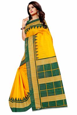 Yellow printed art silk saree with blouse 3