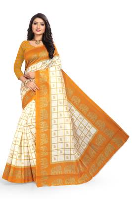 Yellow printed art silk saree with blouse 1