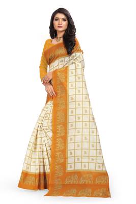 Yellow printed art silk saree with blouse 2