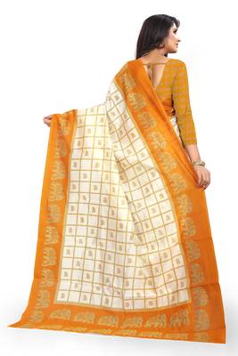 Yellow printed art silk saree with blouse 3