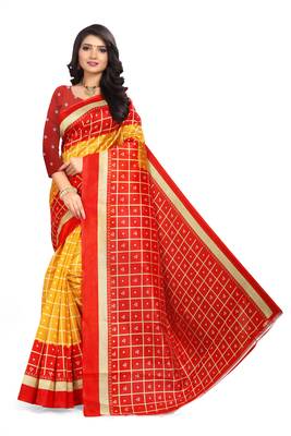 Yellow printed art silk saree with blouse 1
