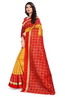 Yellow printed art silk saree with blouse 2