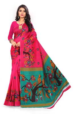 Pink printed art silk saree with blouse 1