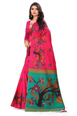 Pink printed art silk saree with blouse 2