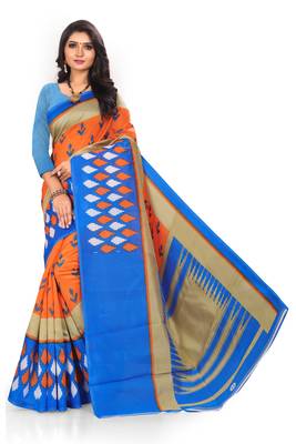 Orange printed art silk saree with blouse 1