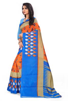 Orange printed art silk saree with blouse 2