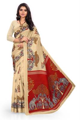 Chiku printed art silk saree with blouse 1