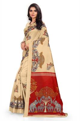Chiku printed art silk saree with blouse 3