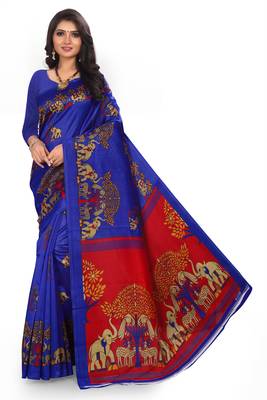 Dark blue printed art silk saree with blouse 1