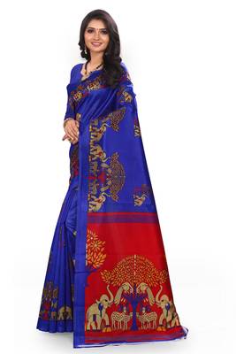 Dark blue printed art silk saree with blouse 2