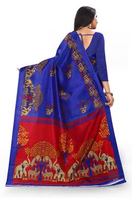 Dark blue printed art silk saree with blouse 3