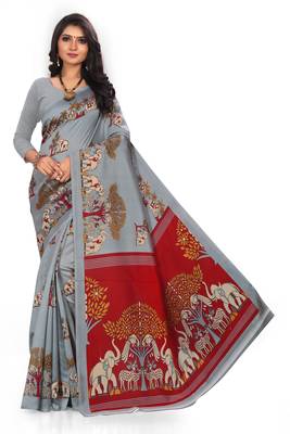 Light silver printed art silk saree with blouse 1