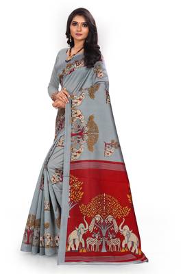 Light silver printed art silk saree with blouse 2
