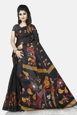Black printed art silk saree with blouse 1