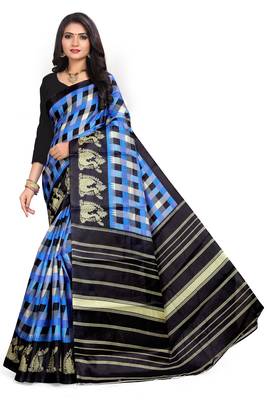 Blue printed art silk saree with blouse 1