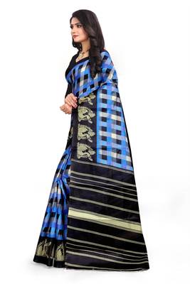 Blue printed art silk saree with blouse 2