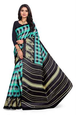 Green printed art silk saree with blouse 1