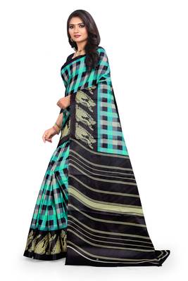 Green printed art silk saree with blouse 2