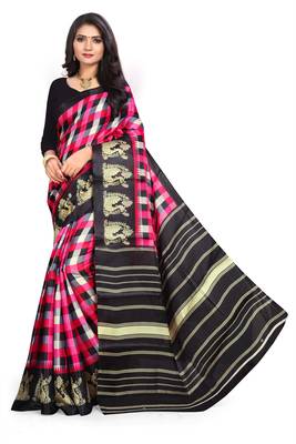 Pink printed art silk saree with blouse 1