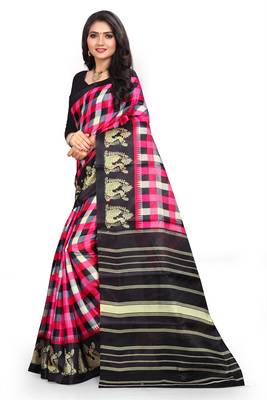 Pink printed art silk saree with blouse 2