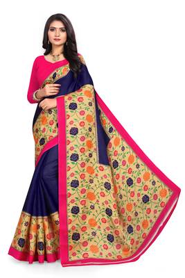 Blue printed art silk saree with blouse 1