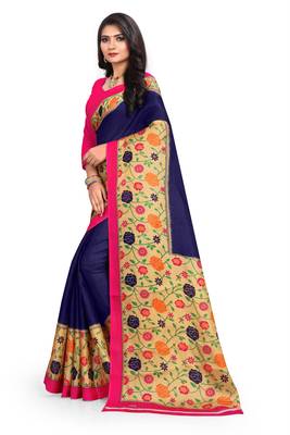 Blue printed art silk saree with blouse 2
