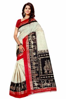 Black printed art silk saree with blouse 1