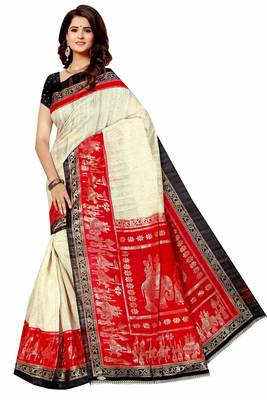 Red printed art silk saree with blouse 1