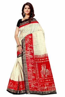 Red printed art silk saree with blouse 2