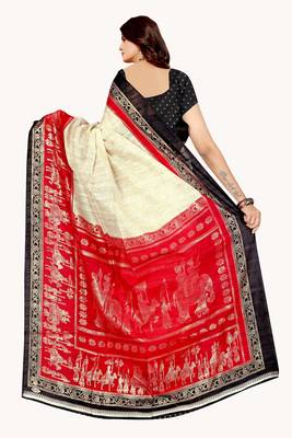 Red printed art silk saree with blouse 3