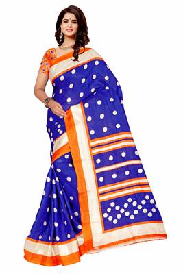 Blue printed art silk saree with blouse 1