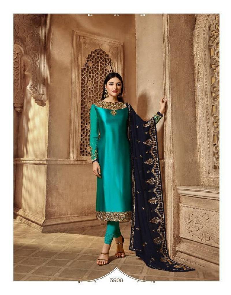 Turquoise Embroidered Indian Pakistani Kameez With Skirt Semi Stitched TAGLINE SILK