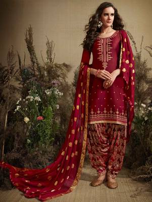 Red Cotton Embroidered Unstitched Salwar With Dupatta 1