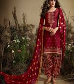Red Cotton Embroidered Unstitched Salwar With Dupatta