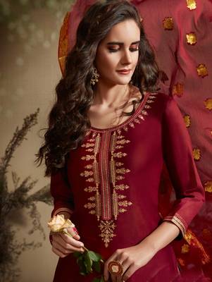 Red Cotton Embroidered Unstitched Salwar With Dupatta 2