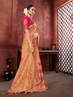Peach woven banarasi silk saree with blouse 3