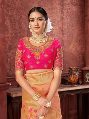 Peach woven banarasi silk saree with blouse 4