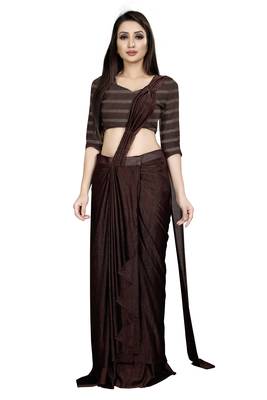 Brown embroidered polyester saree with blouse 1
