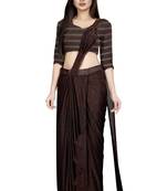 Brown embroidered polyester saree with blouse