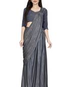 Grey embroidered polyester saree with blouse