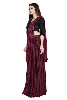 Dark blood red embroidered polyester saree with blouse 2