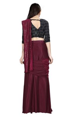 Dark blood red embroidered polyester saree with blouse 3