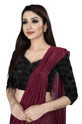 Dark blood red embroidered polyester saree with blouse 4