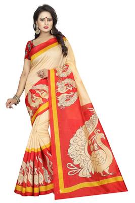 Red printed khadi saree with blouse 1
