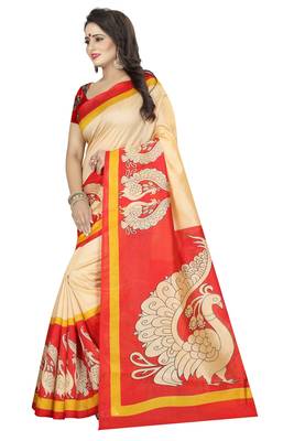 Red printed khadi saree with blouse 2