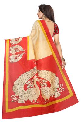 Red printed khadi saree with blouse 3
