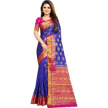 Blue woven banarasi silk saree with blouse 1