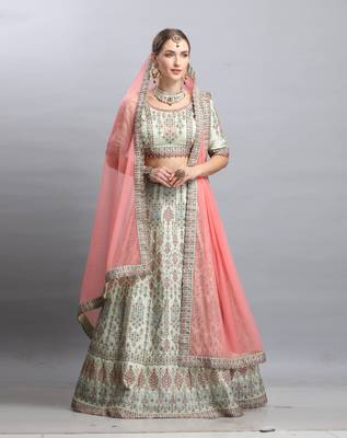 Light Green Embroidered Silk Semi Stitched Lehenga 1