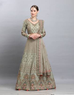 Green Embroidered Silk Semi Stitched Lehenga 1