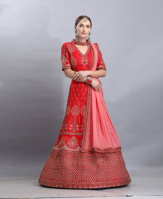 Red Embroidered Silk Semi Stitched Lehenga 1